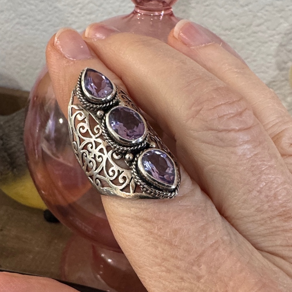 Purple Amethyst Trio Sterling Filigree Ring NWOT
